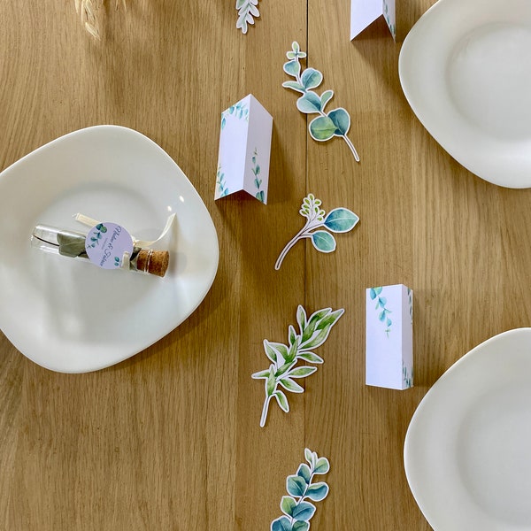 Kit décoration personnalisée Eucalyptus - mariage, communion, baptême, anniversaire (étiquettes, marque-places, chemin de table)