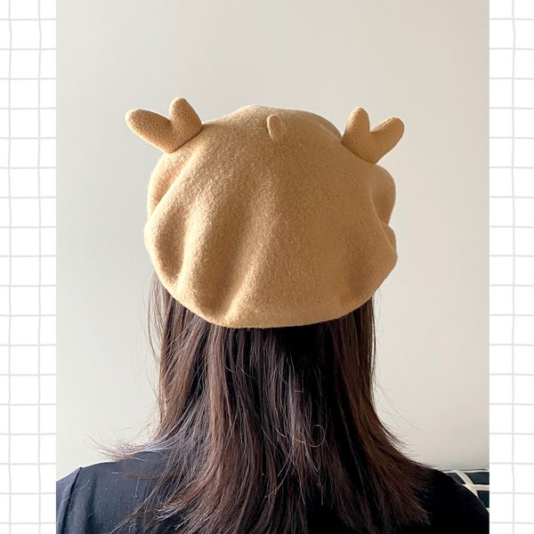 Niedlicher Hut für Frauen, Hirsch-Hut, handgemachte Wollmützen, Wollbaskenmütze, niedliche Ohrhüte