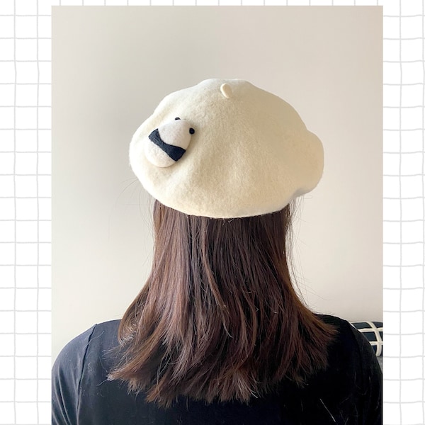 Niedlicher Hut für Frauen, Panda-Hut, handgemachte Wollmützen, Wollbaskenmütze, Panda-Rückenhut