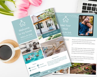 Air bnb Green Flyers - Editable in Canva. Host Air Bnb Rentals Flyers Templates - Home Vacation Room,Beach guesthouse Flyers