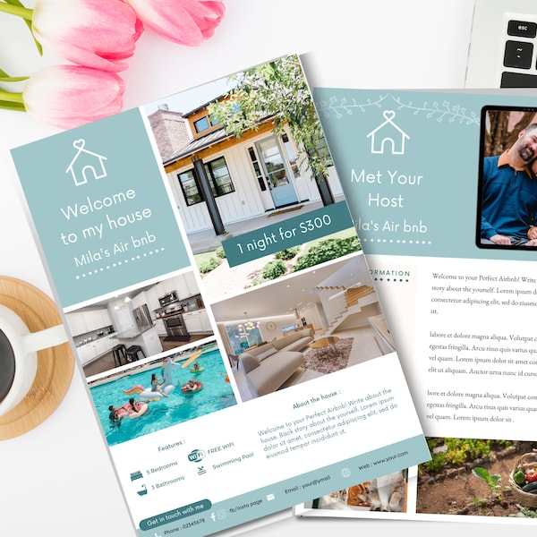 Air bnb Green Flyers - Editable in Canva. Host Air Bnb Rentals Flyers Templates - Home Vacation Room,Beach guesthouse Flyers