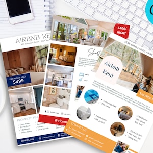 May include: A flyer advertising an Airbnb rental property with images of the interior and exterior of the property. The flyer includes the text "Airbnb Rent", "$400/NIGHT", "$200/PER NIGHT", "Stay awhile here, away from city", and "On Spirit".