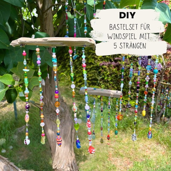 Bastelset Windspiel mit 5 Strängen outdoor, mit Glasperlen und Treibholz,  DIY Bastelset für Erwachsene, Bastelset Mobile, Sommer, Geschenk