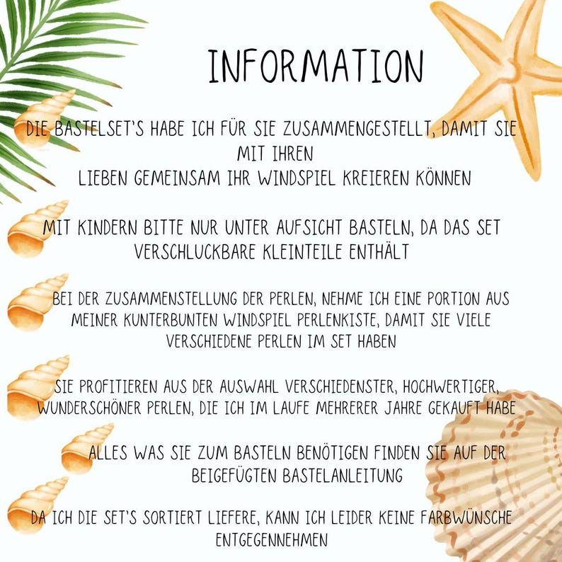 Pode incluir: Cart&atilde;o de informa&ccedil;&otilde;es com instru&ccedil;&otilde;es para um kit de artesanato para fazer um m&oacute;bile de vento. O cart&atilde;o apresenta um design de concha e estrela do mar e inclui o texto "Die Bastelset's habe ich f&uuml;r Sie zusammengestellt, damit Sie mit Ihren Lieben gemeinsam Ihr Windspiel kreieren k&ouml;nnen".