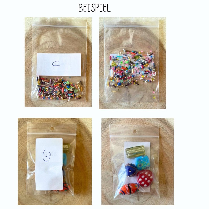 Pode incluir: Quatro sacos de pl&aacute;stico transparentes com diferentes tipos de contas e pingentes. Os sacos s&atilde;o etiquetados com as letras "C" e "G".