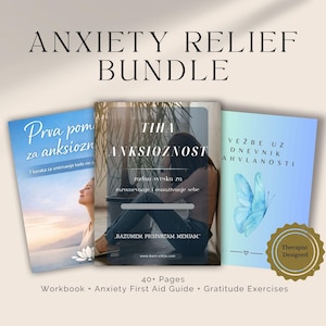 Puede incluir: Paquete de alivio de la ansiedad con tres libros. Los títulos de los libros están en diferentes idiomas. El paquete incluye un cuaderno de ejercicios, una guía de primeros auxilios para la ansiedad y ejercicios de gratitud. Un sello dorado dice "Therapist Designed".