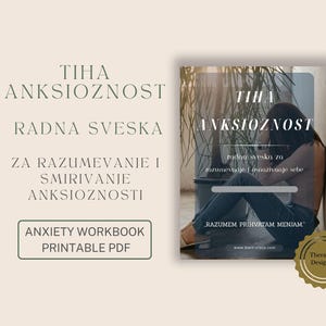 Puede incluir: Cuaderno de trabajo sobre la ansiedad en PDF imprimible con texto en serbio. La portada muestra a una persona sentada con la cabeza entre las manos. El texto dice: "TIHA ANKSIOZNOST RADNA SVESKA ZA RAZUMEVANJE I SMIRIVANJE ANKSIOZNOSTI".