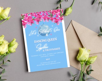 Invitation et itinéraire pour un enterrement de vie de jeune fille danse | EVJF inspirée de Mamma Mia | d'anniversaire disco de <br> Profitez-en ! Invitation modifiable