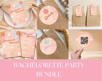 70's Disco Bachelorette Party Bundle | Groovy Flower Power Bach | Invitation, Itinerary, Name Tag, Etc | Editable Digital Download FP1