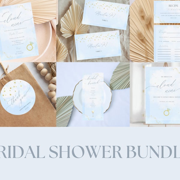 She's On Cloud Nine Bridal Shower Bundle | Clouds, Sky Stars | Invite, Favors, Welcome Sign | Instant Digital Download | Editable Template