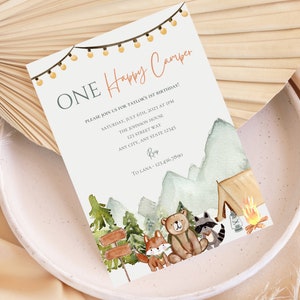 ONE Happy Camper 1st Birthday Invitation | Camping Birthday Party | Editable Invitation | Instant Download | Template and Evite [5x7]