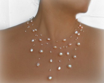 Floating Pearl, Wedding jewelry, Peach pearl Illusion Necklace, US Customs fees included in price for US customers