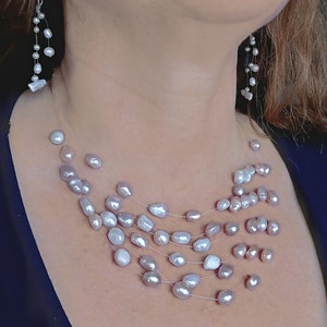 Multi strand pearl necklace, Floating freshwater pearl, Three colors of pearls Illusion necklace