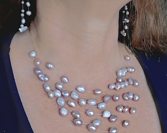 Multi strand pearl necklace, Floating freshwater pearl, Three colors of pearls Illusion necklace