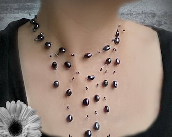 Schwebende schwarze Perlenkette: Illusion Hochzeitsschmuck
