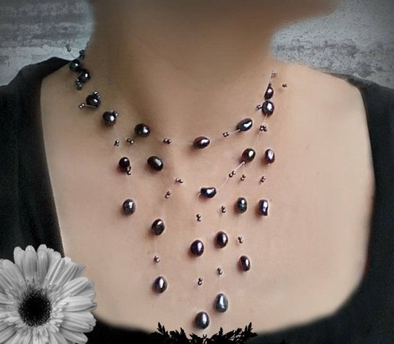 Floating Black Pearl Necklace Wedding Jewelry Floating Pearl Etsy