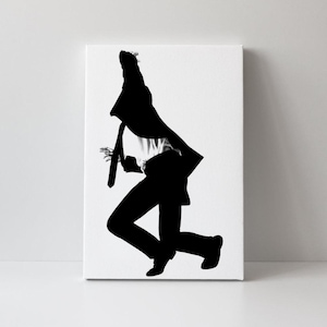 May include: Black and white canvas art print featuring a silhouette of a person in a suit and tie in a dynamic pose. The artwork is mounted on a white background, creating a striking contrast.