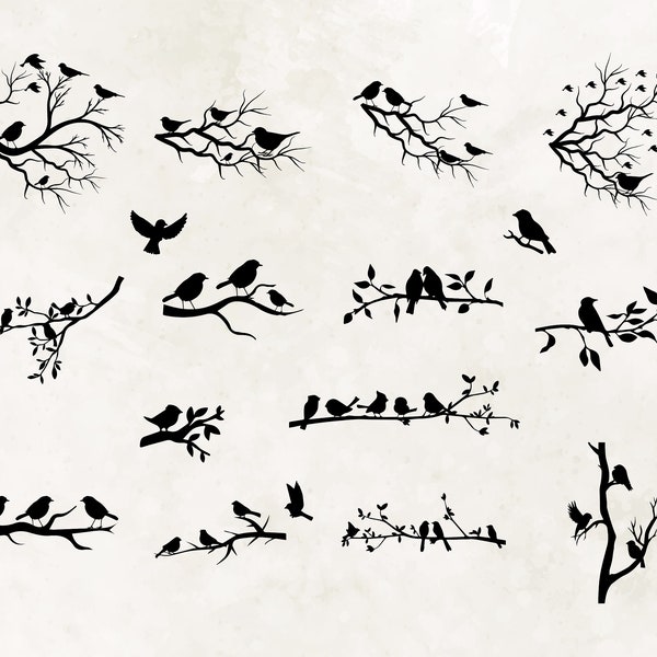 Birds Svg| Birds on Branches Svg| Bird silhouette| Birds and branch| Flock of Birds Svg| Silhouette of birds Svg| Bird in Tree Silhouette