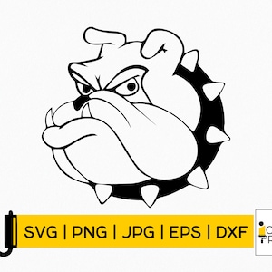 May include: Black and white line art illustration of a bulldog's head with a spiked collar. The bulldog has a serious expression with its mouth closed and its tongue slightly visible. The image is suitable for use as a logo, sticker, or design element.
