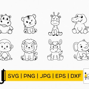 Safaridieren overzicht SVG schattige Afrikaanse jungle dieren gesneden bestand Cricut silhouet leeuw tijger nijlpaard giraf zebraaap dierentuin savanne Kids Baby