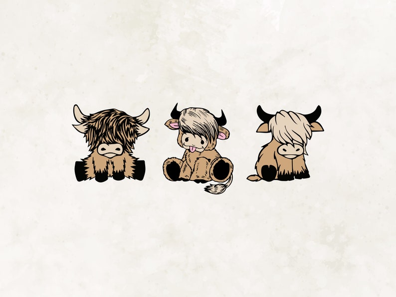 May include: Three cartoon Highland cows with brown fur, black hooves, and white faces. The cows are sitting down and looking at the viewer.