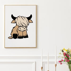 May include: A digital illustration of a brown and black Highland cow with a white face and long hair. The cow is sitting down and looking to the left. The illustration is on a white background.