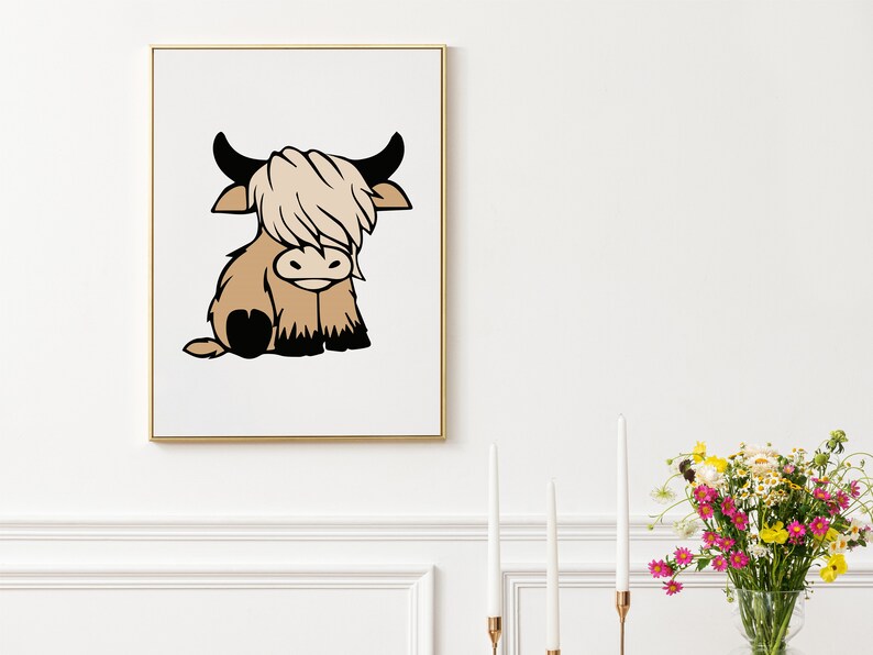 May include: A digital illustration of a brown and black Highland cow with a white face and long hair. The cow is sitting down and looking to the left. The illustration is on a white background.