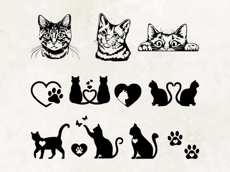 May include: A collection of black and white cat silhouette illustrations. The illustrations include cats in various poses, including sitting, standing, and looking out from behind a wall. There are also heart and paw print illustrations.