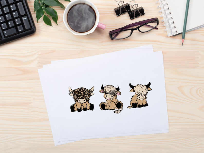 May include: Three cartoon Highland cows, each with a different expression, are sitting on a white background. The cows are brown with black hooves and noses. The cow on the left has brown fur, the middle cow has black and white fur, and the cow on the right has brown fur.