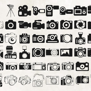 May include: A collection of black and white camera icons, including film cameras, digital cameras, camcorders, and instant cameras. The icons are arranged in a grid pattern on a white background.