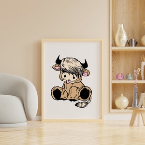 May include: A framed illustration of a brown and white cartoon Highland cow with a pink tongue sticking out. The cow is sitting with its legs crossed and has a black nose and eyes.