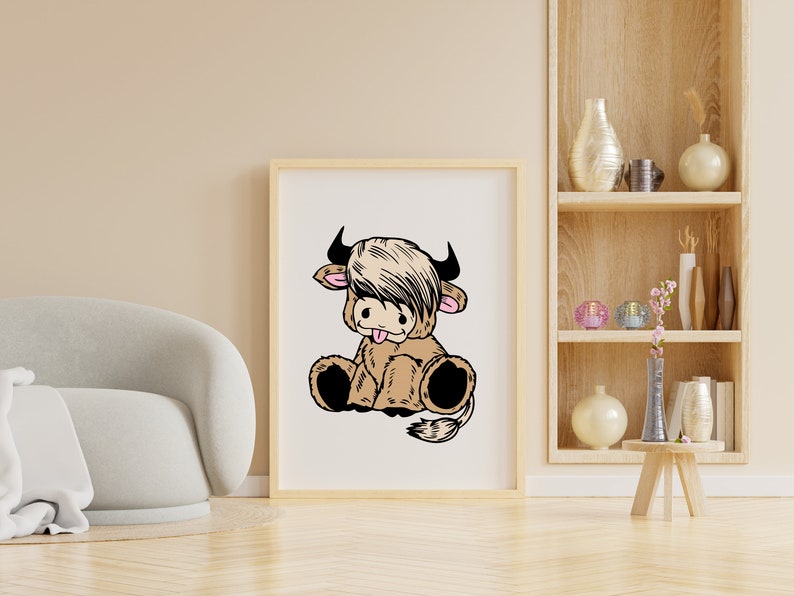 May include: A framed illustration of a brown and white cartoon Highland cow with a pink tongue sticking out. The cow is sitting with its legs crossed and has a black nose and eyes.