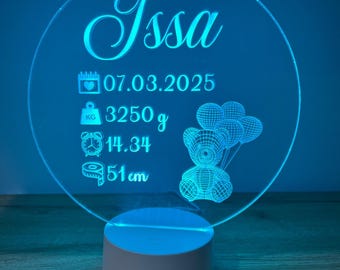 Cute night light with remote control and light change. Birth details, birth gift, baby gift, welcome baby, lamp with birth details