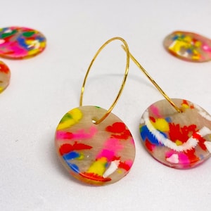 Bright, fun &quot;sprinkles&quot; hoop earrings | Multicoloured dangle earrings | pink red yellow green white blue| Simple colourful gold hoop earring