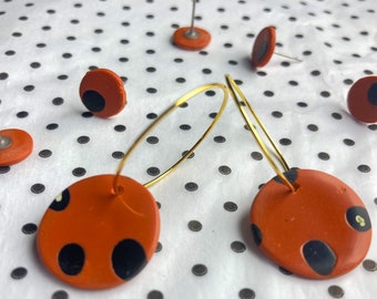 Burnt orange and black statement earrings| Brown and black| Autumn clay earrings | gold hoop earrings | Handmade