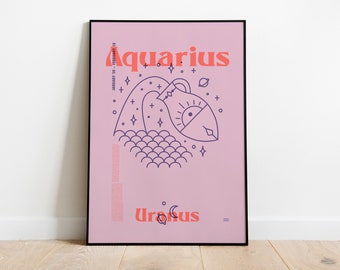 AQUARIUS Star Sign Print, Zodiac Art Wall Art, Instant Download Digital, Astrology, Horoscope, Star Sign Poster