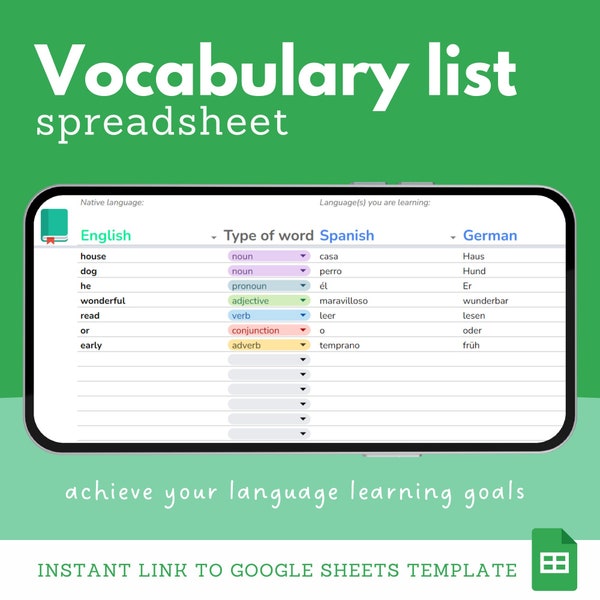 Modèle de feuille de calcul de liste de vocabulaire pour vous aider à atteindre vos objectifs d'apprentissage linguistique, votre sélecteur de langue et de type de mot