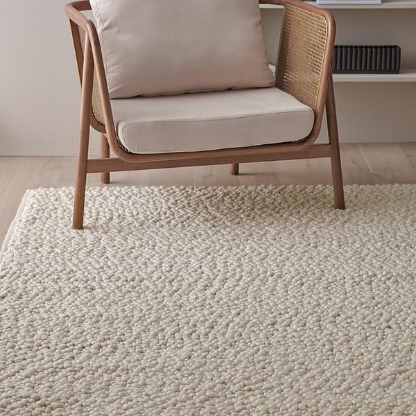 Cosy Elegance - Tapis en laine épaisse crème, Carpette en laine de galets, Tapis en laine feutrée de haute qualité, Tapis à tissage plat au design moderne, Personnalisez toutes les tailles