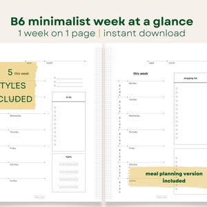 May include: A printable planner page with a minimalist design. The page is divided into two sections, one for a weekly schedule and the other for a shopping list. The text "5 styles included" is visible in the top left corner. The text "meal planning version included" is visible in the bottom right corner.