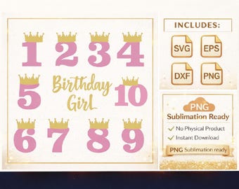 Birthday Girl SVG Set | Princess Birthday Numbers 1–10 | Girl Birthday SVG | Crown Numbers | SVG Png Eps Dxf | Cricut Silhouette