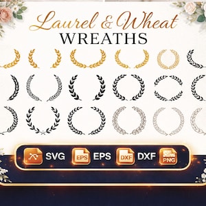Paquete de archivos SVG de corona de laurel, imágenes prediseñadas de corona de trigo, marco de logotipo de boda en formato SVG, marco circular floral rústico, archivos de corte para Cricut y Silhouette en formato PNG, EPS y DXF.