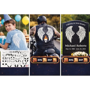 Puede incluir: La imagen presenta a un niño con una camiseta azul con alas de ángel blancas, un motero con un diseño de calavera y alas, y un monumento con alas de ángel y el texto "FORESER IN OUR HEARTS" y "Michael Roberts May 15, 1988 - June 20, 2023".