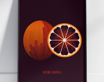 Blutorange Wandbild - Zitrusfrüchte Poster | Küche Dekor | Dunkle botanische Illustration | Café Kunstwerk | Feines Geschenk für Feinschmecker