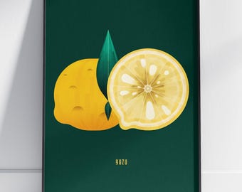 Arte mural de yuzu: Impresión de cítricos japoneses / Póster de cocina amarillo / Decoración gastronómica moderna / Arte minimalista para cafeterías / Ilustración de yuzu