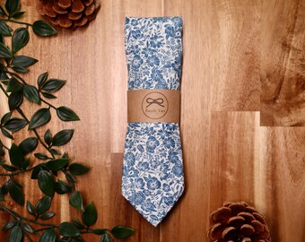 Floral vintage style white and blue tie, wedding accessories, handmade neckties and mens accessories, 100% cotton