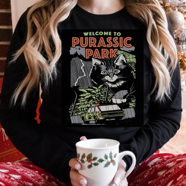 Cat Sweatshirt, Jurassic Park Lovers Gift, Purassic Park Cat Funny Crew, Cat Gift for Boyfriend, Gift for Cat Lover, Cat Long Sleeve Shirt