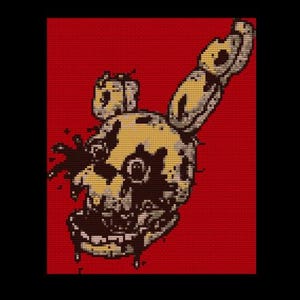 May include: A pixelated image of a yellow animatronic character with a black and red face. The character has a missing eye and a large, open mouth. The character is set against a red background.