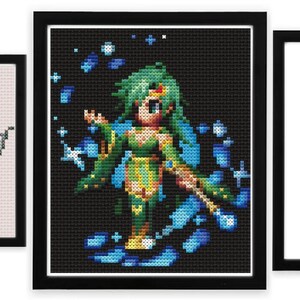 May include: Three framed pixel art prints featuring female characters with colorful clothing and accessories. The characters are set against a black, white, and blue background.