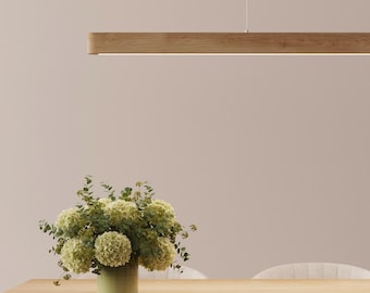 Elegant linear wood chandelier in solid oak, Dining table light, Kitchen island light, Kitchen pendant light, Contemporary light HORIZON
