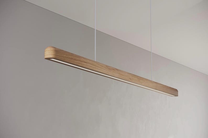 Modern chandelier in natural wood.